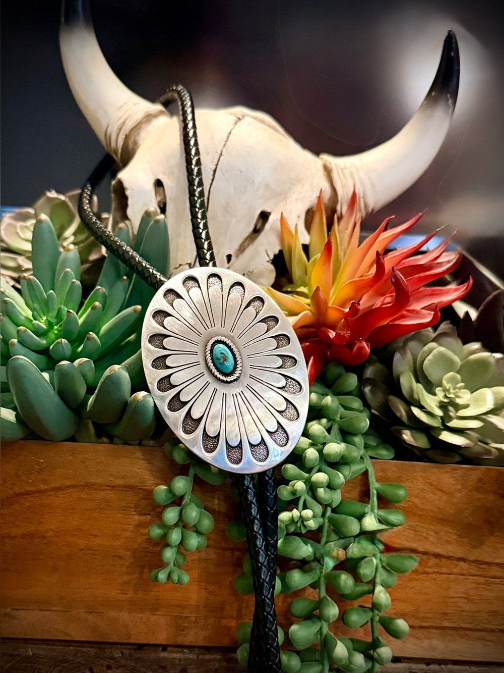Turquoise Stone Silver Concho Bolo Tie - Women's Jewelry